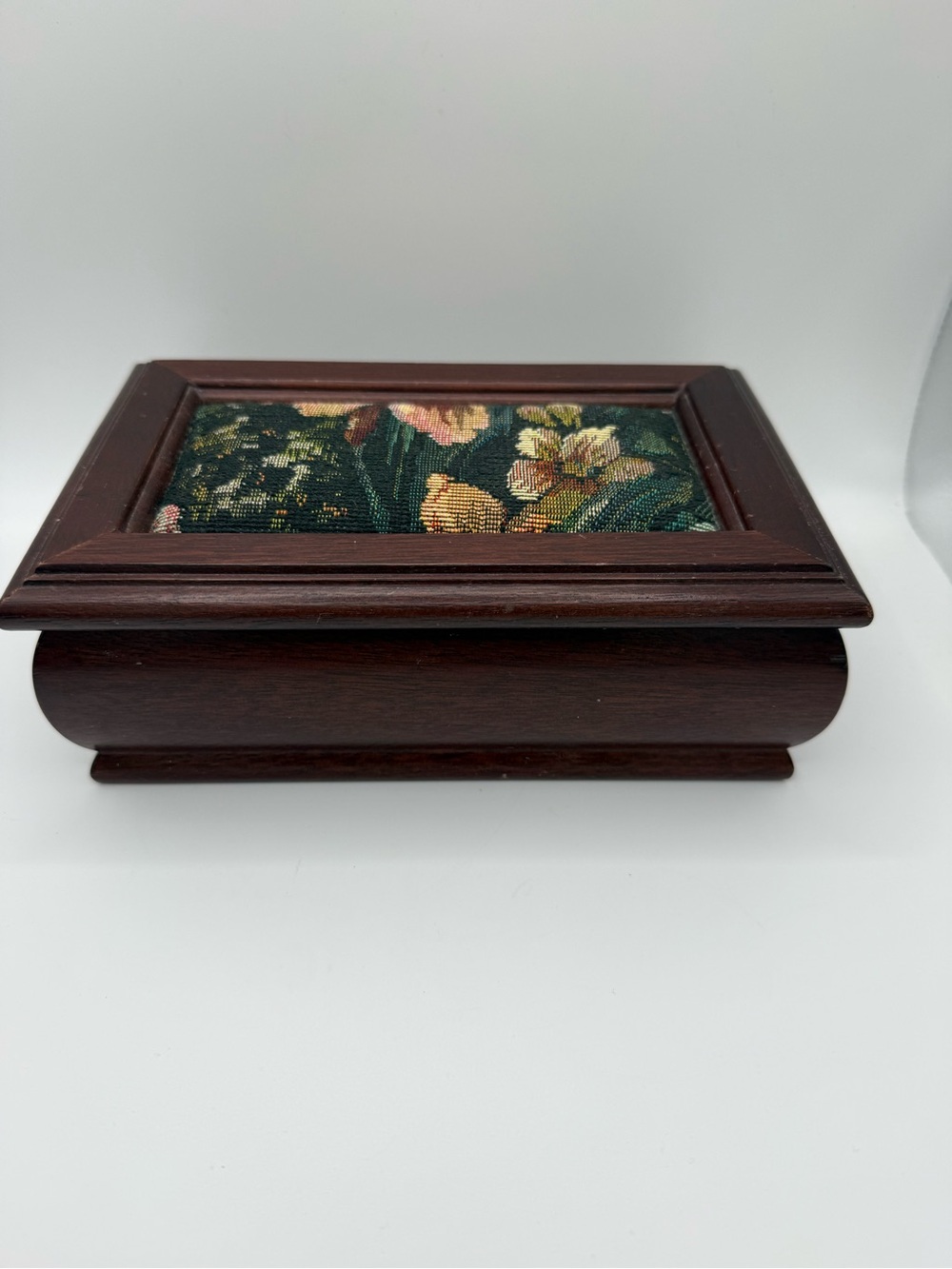 Wooden Jewelry Box with Floral Needlepoint Inset - Brown